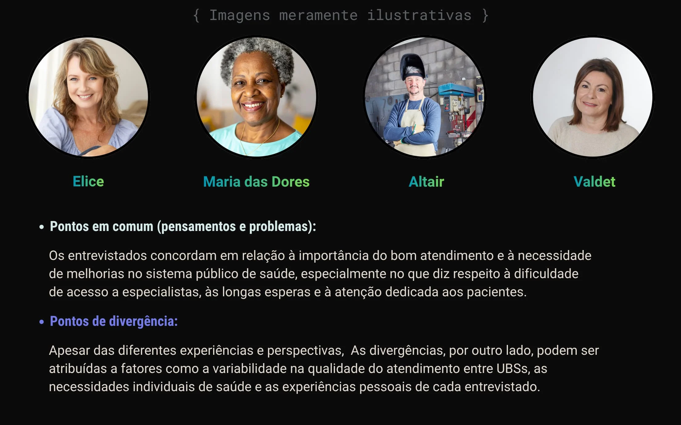 Fotos dos entrevistados com citações